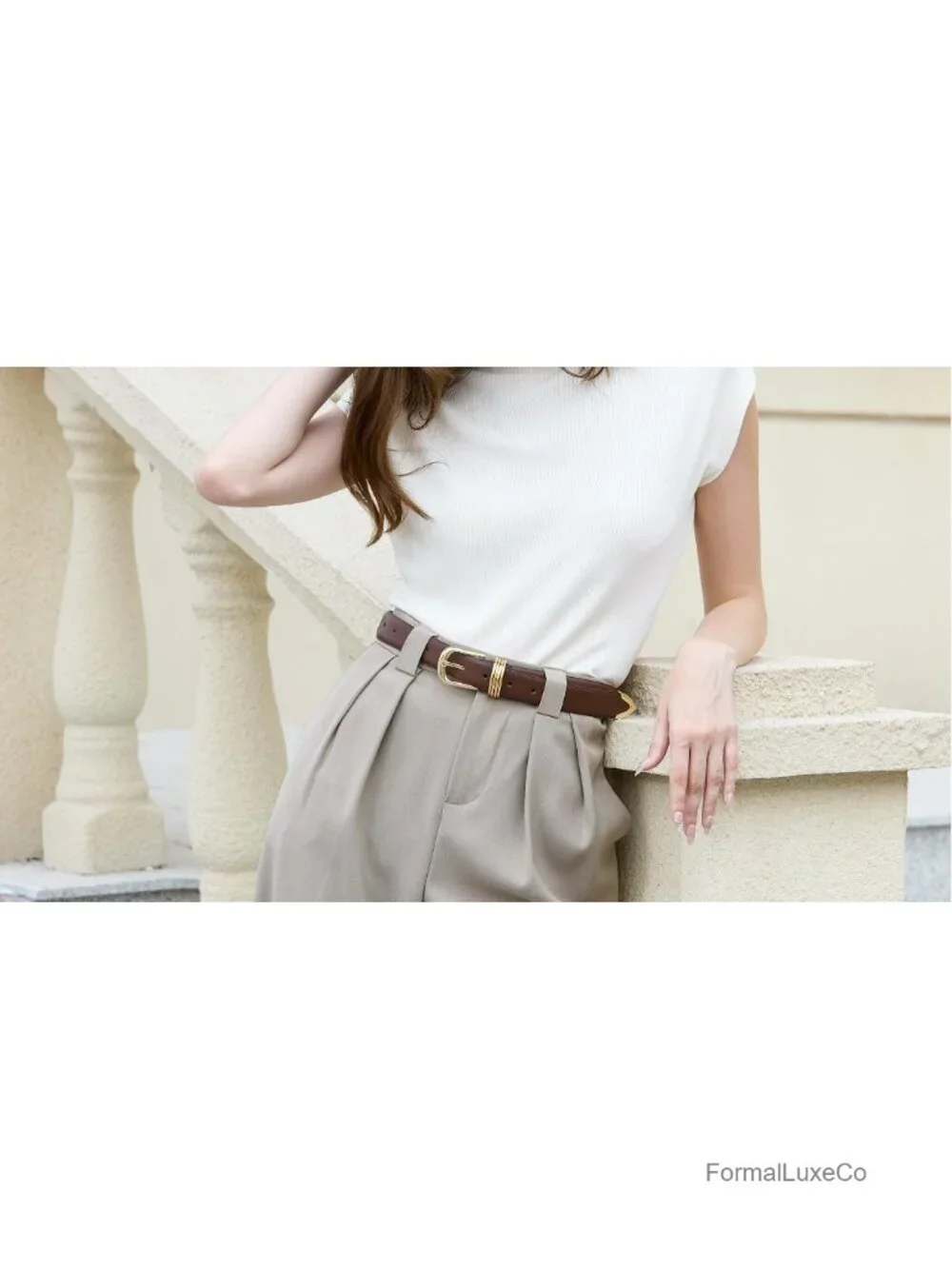 Faux Leather Thin Belt with Gold Buckle Skinny Waist Belt for Women